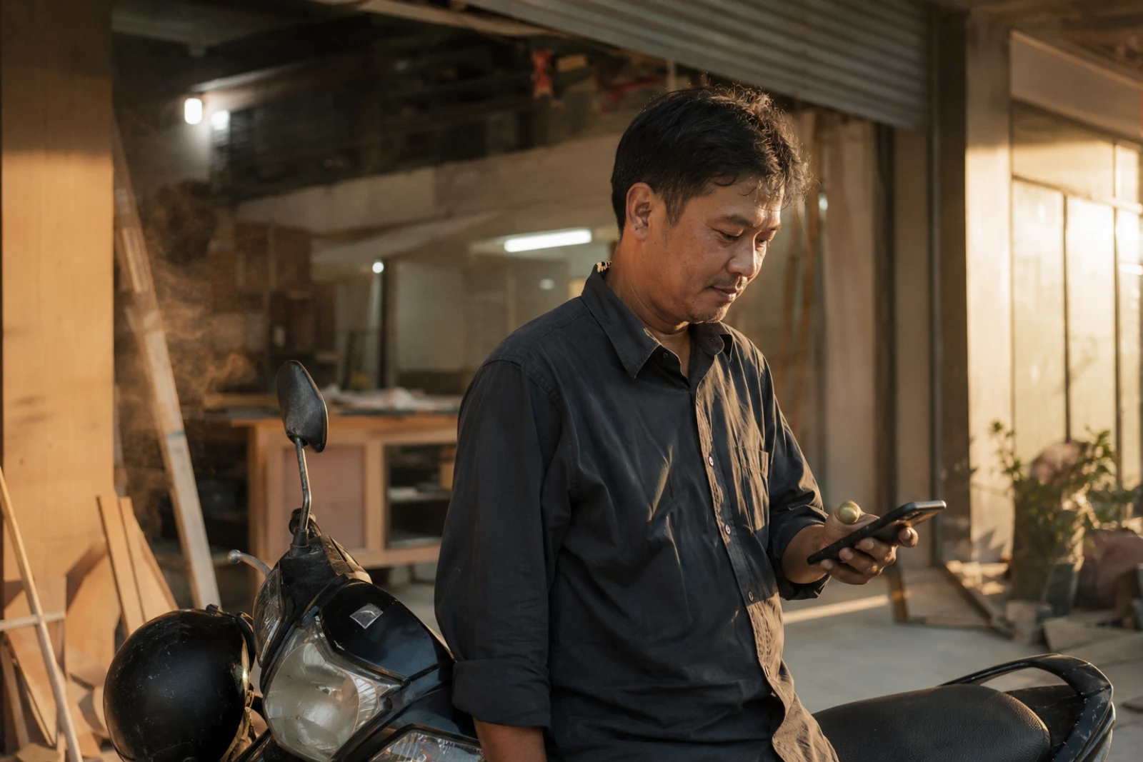 A workshop owner checks his phone beside his motorbike between jobs
